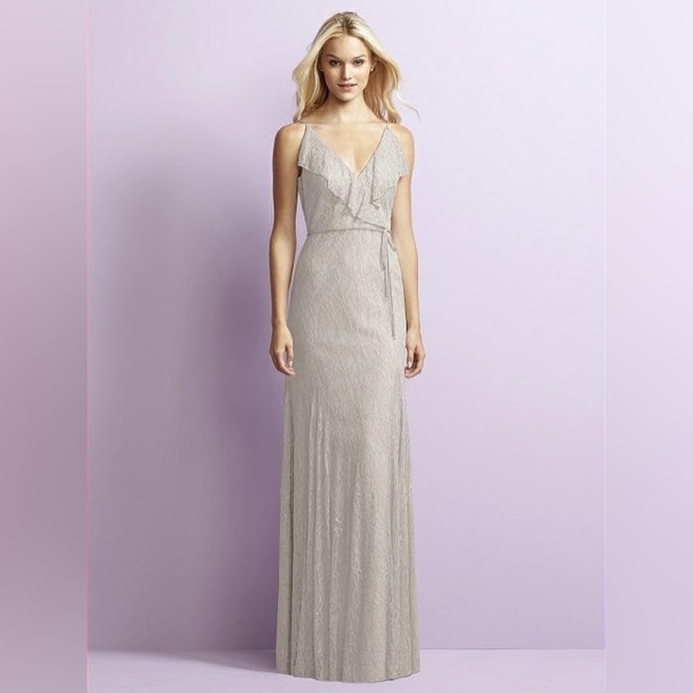 Jenny Yoo Full Length Lace Gown in Oyster Gray